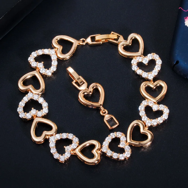 CWWZircons Romantic 585 Gold Plated Cubic Zircon Bracelet for Women Love Heart Trendy Wristband Girlfriend Gifts Jewelry CB204