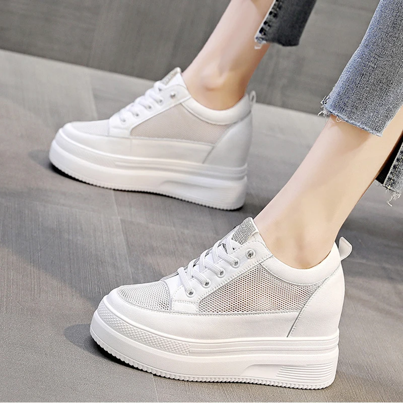 Genuine Leather Casual Women Shoes High Heels Chunky Sneakers Women 2021 Summer Breathable Mesh White Shoes Woman Sneakers