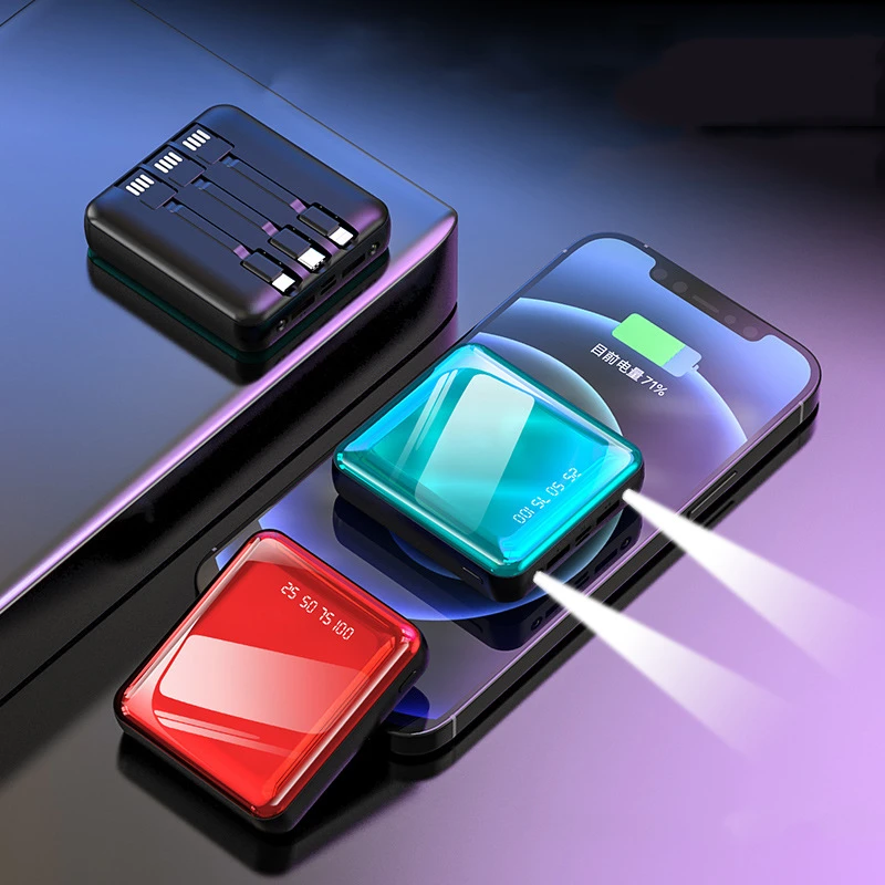 Portable Power Bank with Built in Cable External Battery Charger Powerbank for Xiaomi 14 10 iPhone Charger 20000mAh with Light