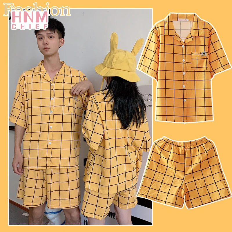 Women\'s Pyjamas Cute Lattice Print Pajama Sets Summer Casual Short Sleeve Couple Sleepwear Thin Cotton Home Maiden 2-piece Set