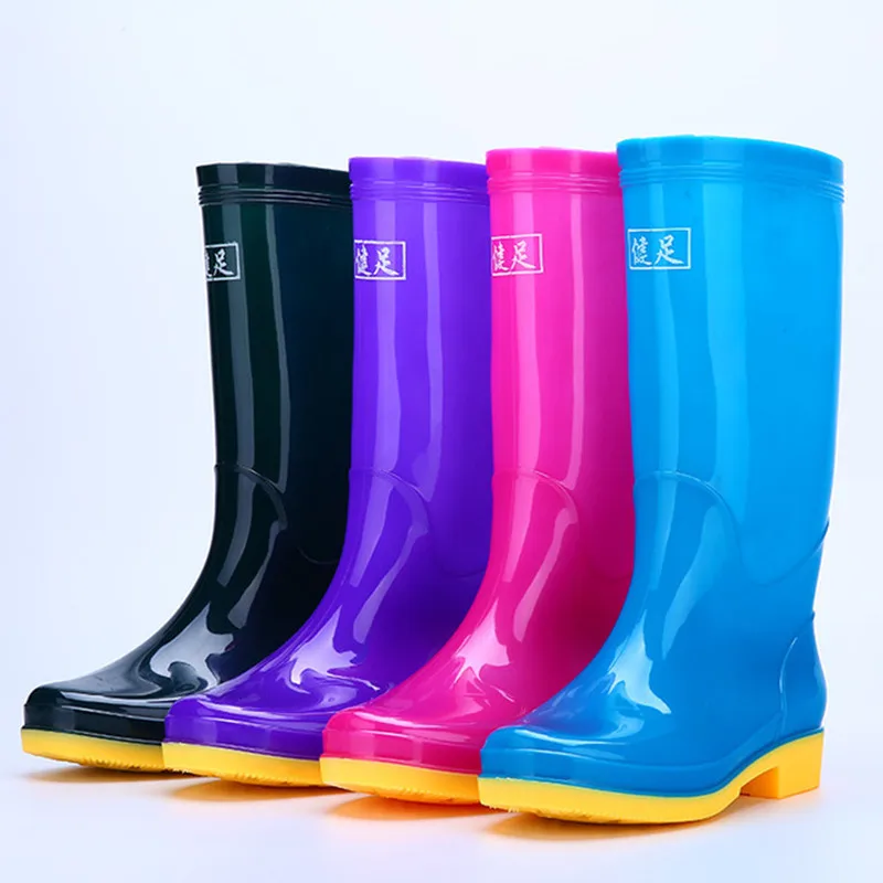 Rouroliu Women Solid Color Tall Rainboots Waterproof Water Shoes Wellies Non-Slip Hard-Wearing Warm Rain Boots Woman RB25