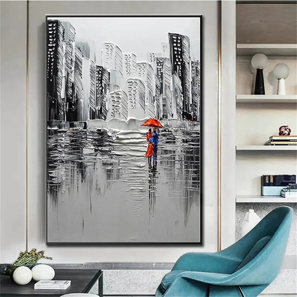 

Large City Street View Pedestrian Picture On Canvas Poster 100% Handmade Oil Painting Modern Orange Wall Art For Home Decor Gift