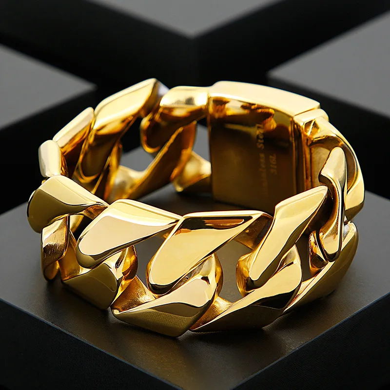 

Men's stainless steel jewelry European and American fashion gold 31mm wide domineering titanium steel hip hop bracelet