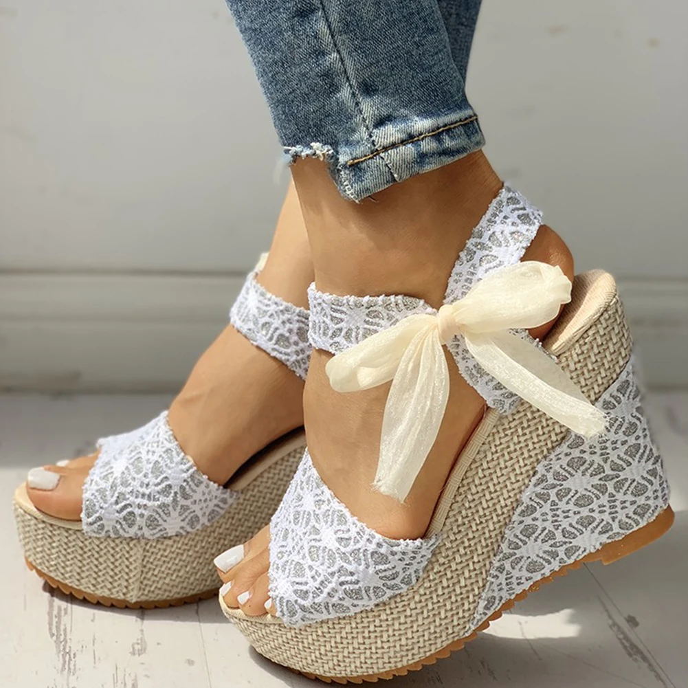 

2021 hot lace Women Wedges heeled women Shoes Summer Sandals Party Platform High Heels Shoes Woman