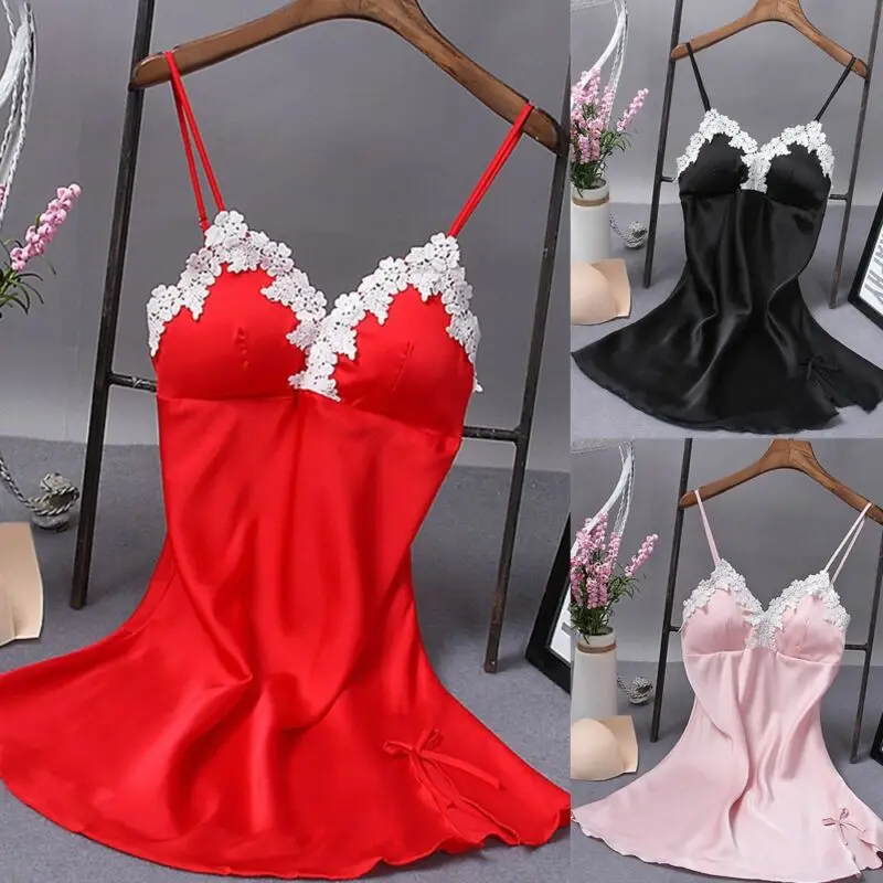 Mùa Hè Thời Trang Gợi Cảm Nữ Lụa Satin Ren Hoa Dây Cổ Đồ Ngủ Babydoll Áo Choàng Ngủ Đêm