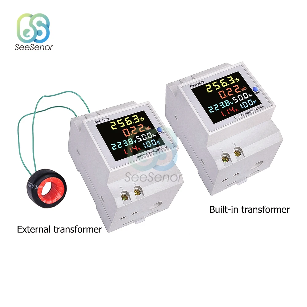 Din Rail Wattmeter Voltmeter Ammeter Power Meter AC 110V 220V 380V Volt Amp Power Factor Time Energy Voltage Current Montior