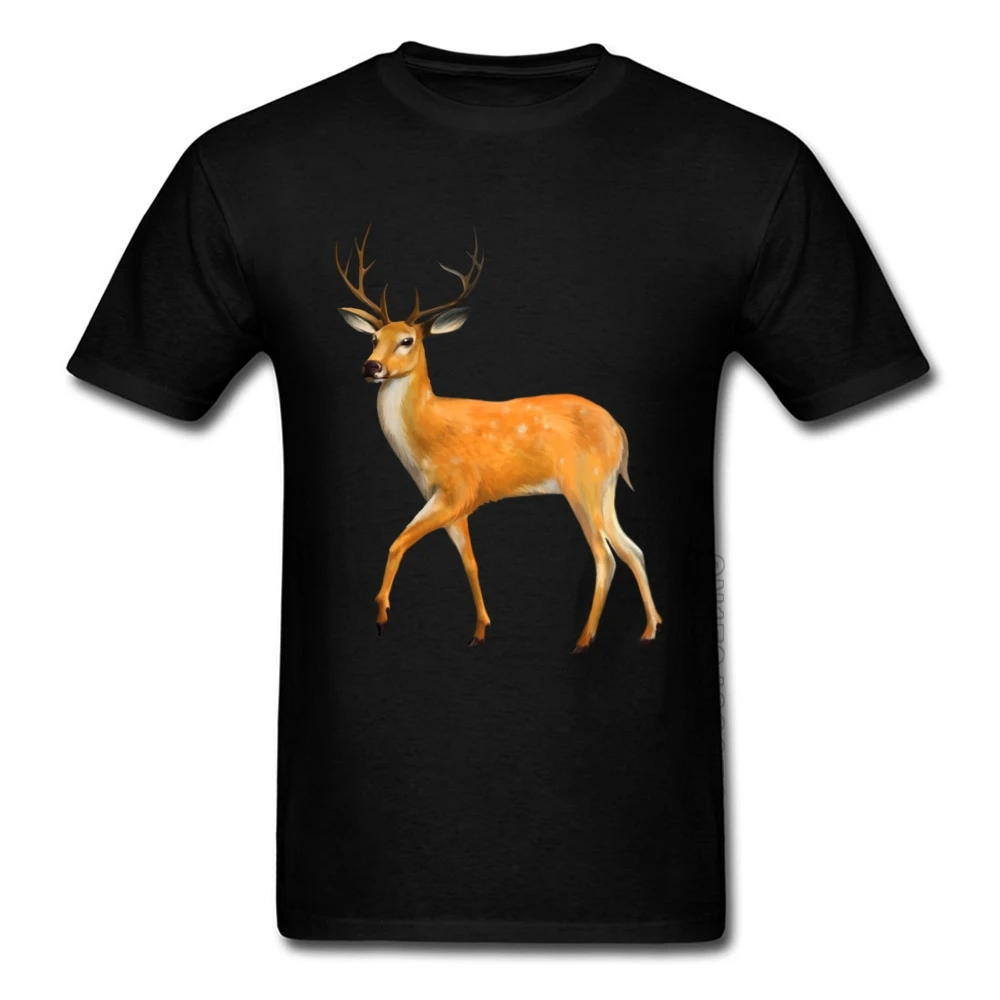 Animal Deer Painting Black Men T Shirtd 100% Cotton Fabric Sim Fit T-shirts for Men Short Sleeve Tops T Shirt Christmas Gift Elk