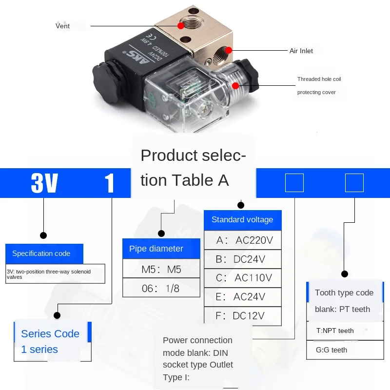 AirTAC Type 3V1-06 Air-Operated Solenoid Valve 24v Two-Position Three Way 220v Normally Closed Solenoid Directional ControlValve