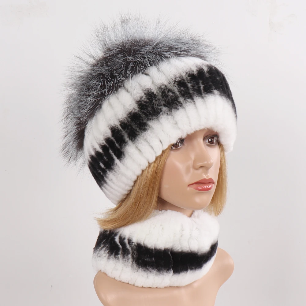 Women's Winter Warm Genuine Fur Hat Scarf Set Real Rex Rabbit Fur Cap with Silver Fox Scarves 2-Piece Natural Fashion Accessory