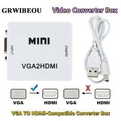 Portátil Mini VGA para conversor compatível com HDMI, caixa de vídeo, adaptador de áudio, notebook, PC, HDTV, projetor, TV, VGA2HDMI, 1080p