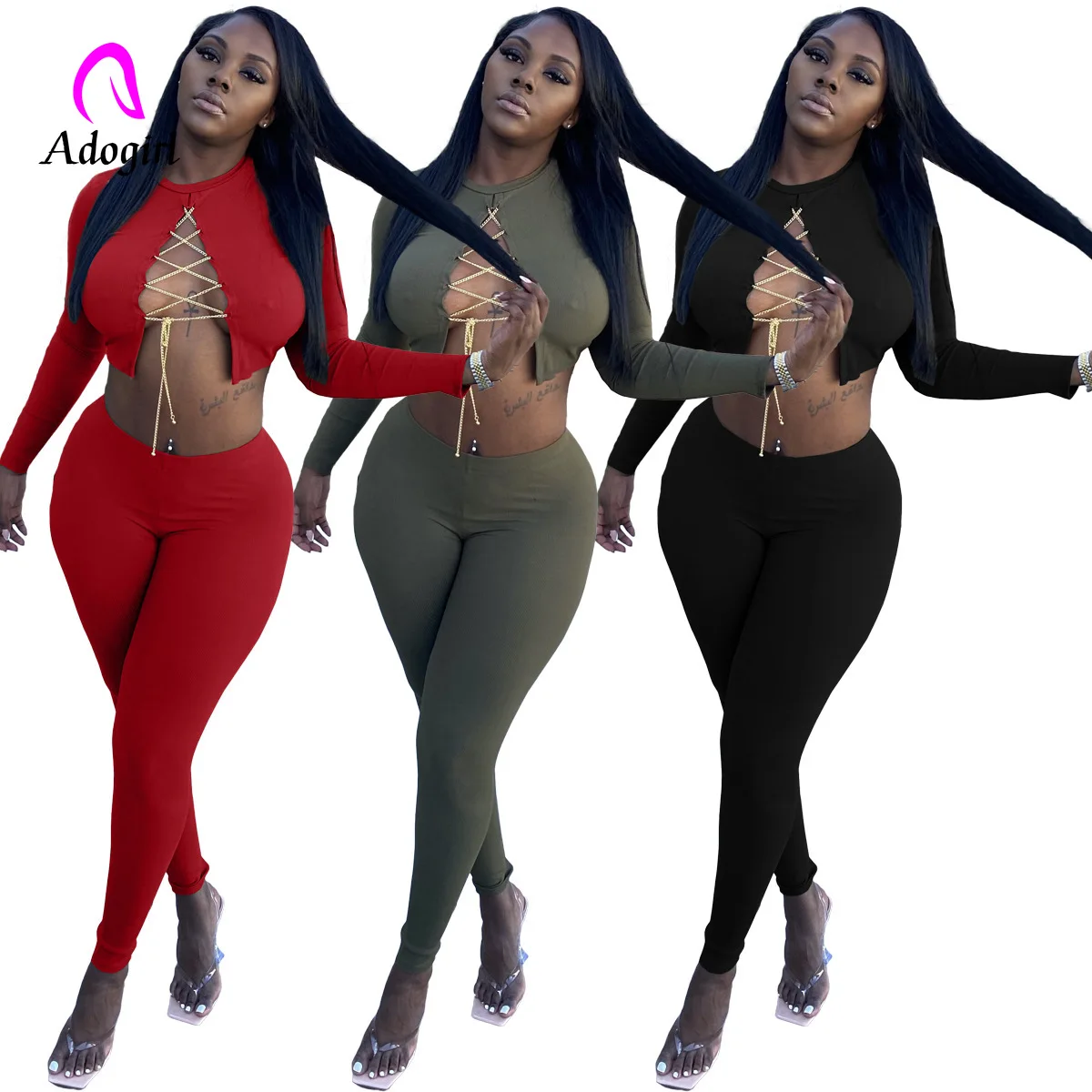 Ribbed Women 2 Piece Set Long Sleeve Crop Top with Chain Skinny Pants Matching 2021 Autumn Sexy Bandage Night Club Party Outfits