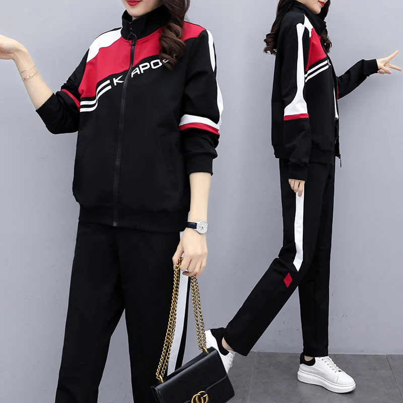 Autumn Winter Women Clothing Black Two Piece Set Zipper Tops And Pants Matching Set Outfit Large Plus Size Sport Wear Tracksuit