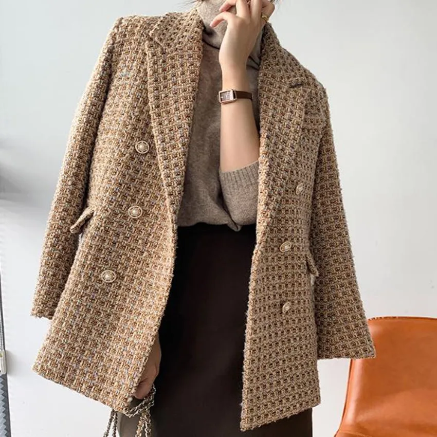 

New arrival small fragrance tweed jacket women notched double breasted ol suit jacket