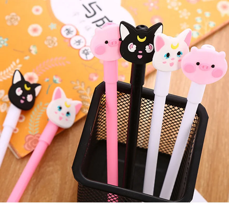 

18 Pcs 6 Design Cute Cat Pig Pink White Black Handle Gel Pens Set Students Office Supplies Stationery Wholesale