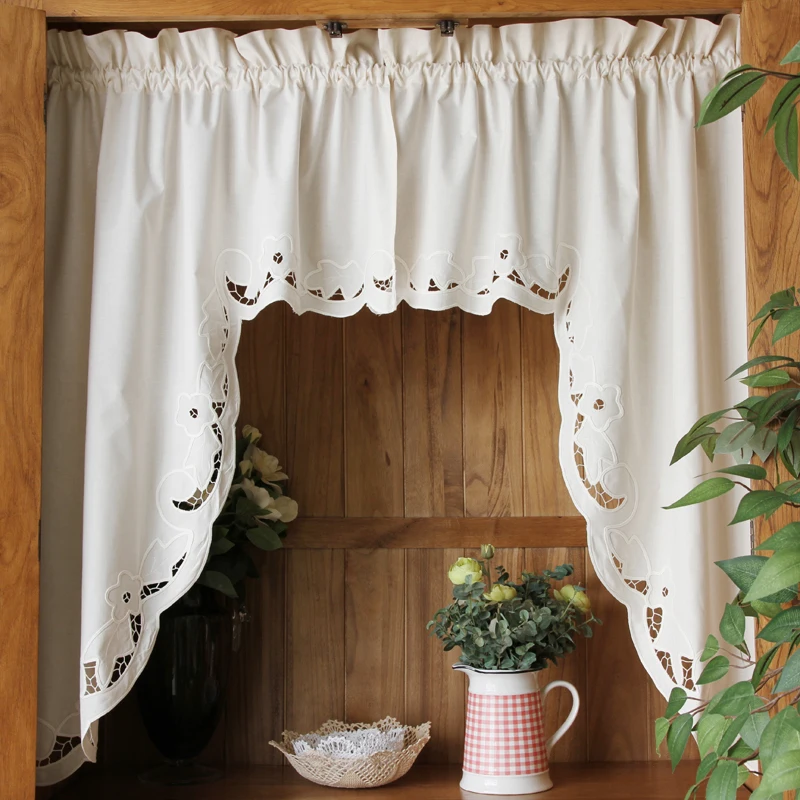 Short Coffee Curtain Retro Hollow Hem Wear Pole Triangular Curtains for Bar Kitchen Cabinet Door and Window