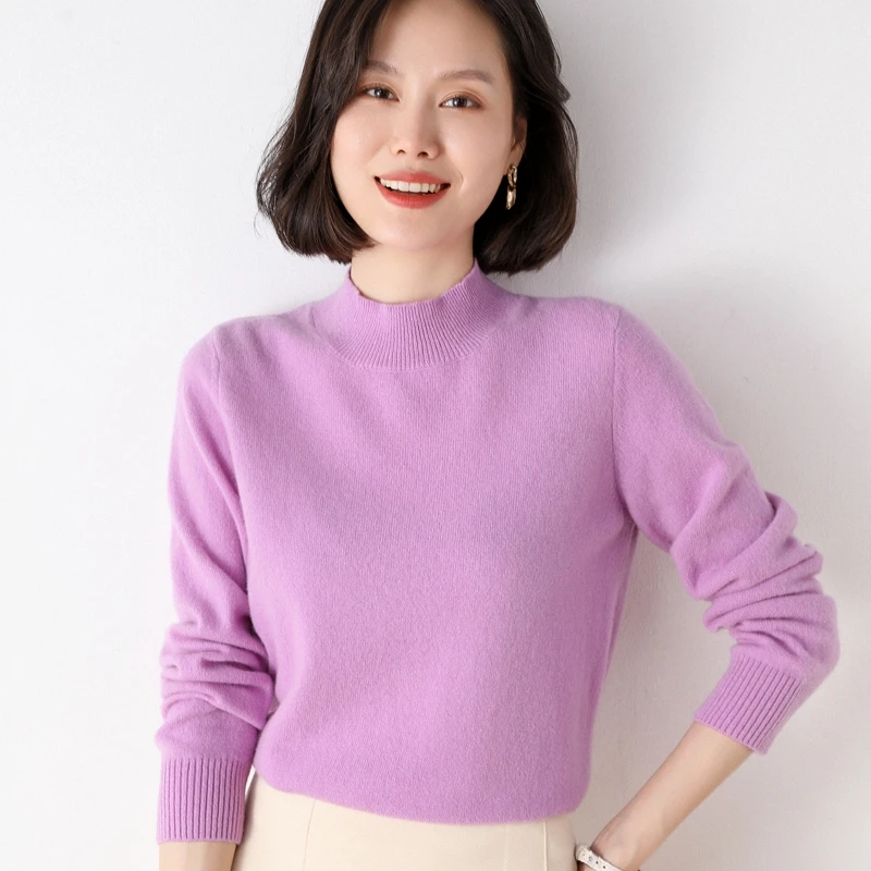 LHZSYY  Autumn and Winter Women\'s 100% Wool Half High Neck Pullover Solid Color Slim Cashmere Base Sweater