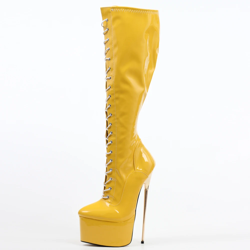 jialuowei 22CM Ultra High Heel Gold Metal Heels PU leather Lace-Up Knee High Platform Women Sexy Fetish Dance Motorcycle Boots