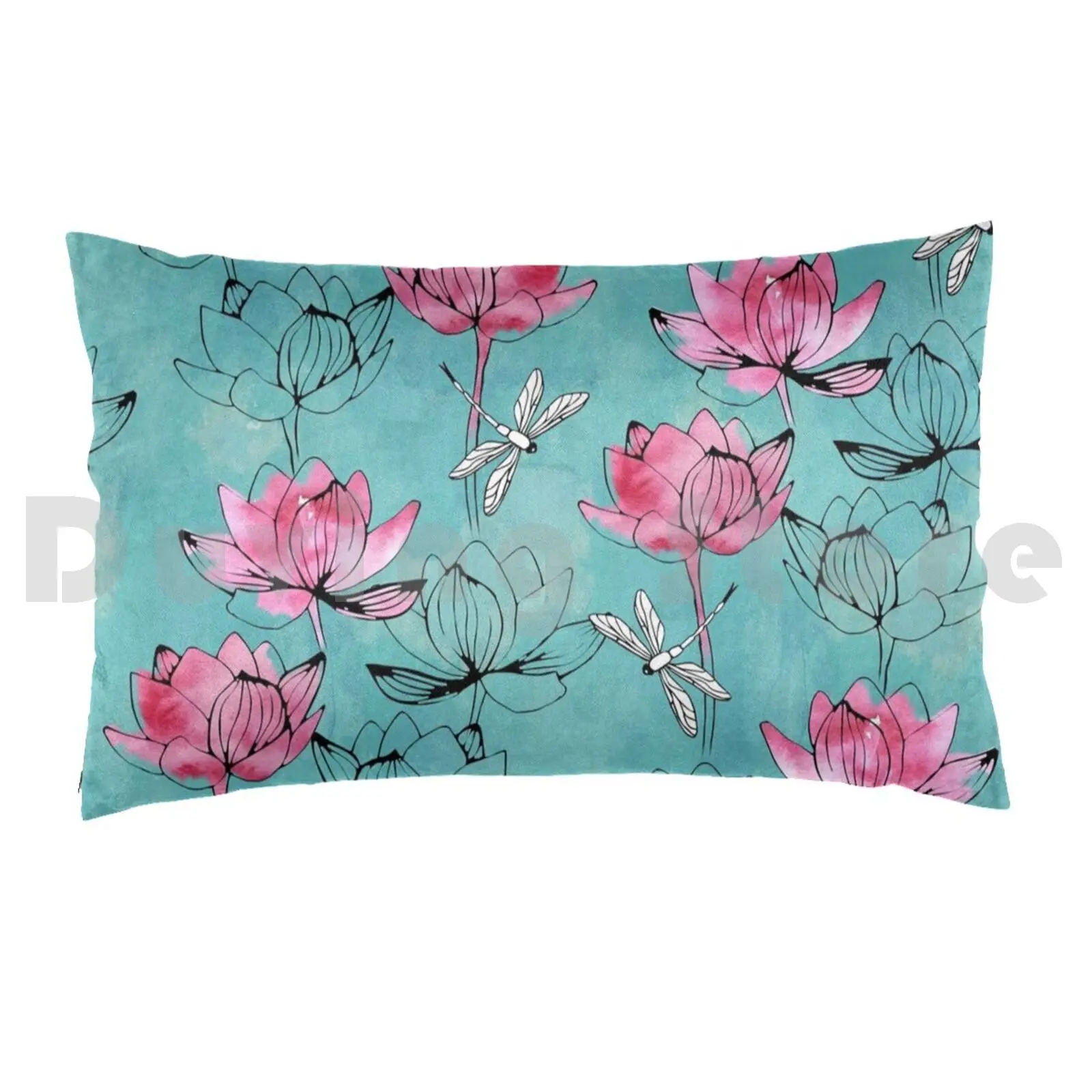 Waterlily Dragonfly Pillow Case Printed 35x50 Lotus Flower Waterlily Dragonfly Floral Nature Watercolor Turquoise