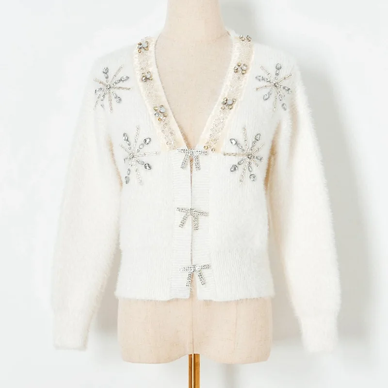 2021 Winter Cardigan Sweater Beaded Sequin Snowflake Mohair Cardigan Women V Neck Bowknot Button Knitted Cardigan White Sweater