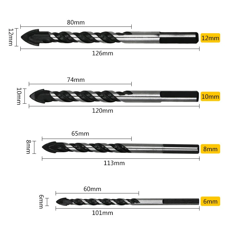 Tungstênio aço metal liga triângulo brocas, 3-12mm, preto cortador de unhas, abridor de furos, cerâmica, parede, vidro, concreto