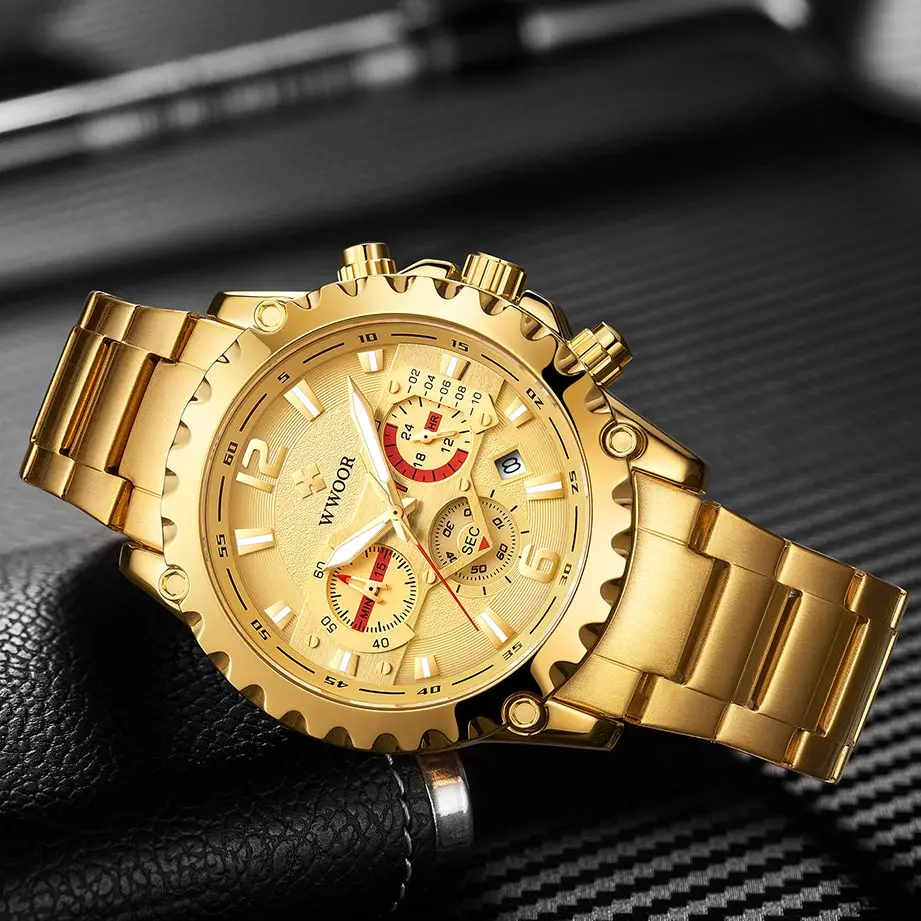 WWOOR Luxury Gold Full Steel Watch Men 2024 Sport Chronograph Quartz Wrist Watches For Men Military Waterproof Relogio Masculino