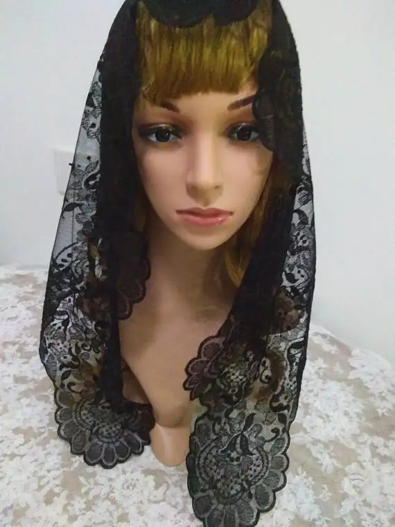 Black Triangular Embroidery Spanish Lace Mantilla Catholic Veil