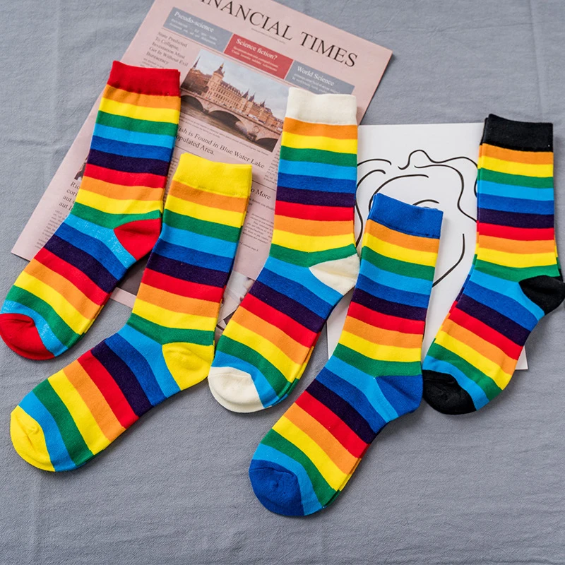 Qisin 1Pairs Cute Cotton Elasticity Sweat Women Long Sock Candy Colors Rainbow Striped Sporty Meias Retro Harajuku Casual Socks