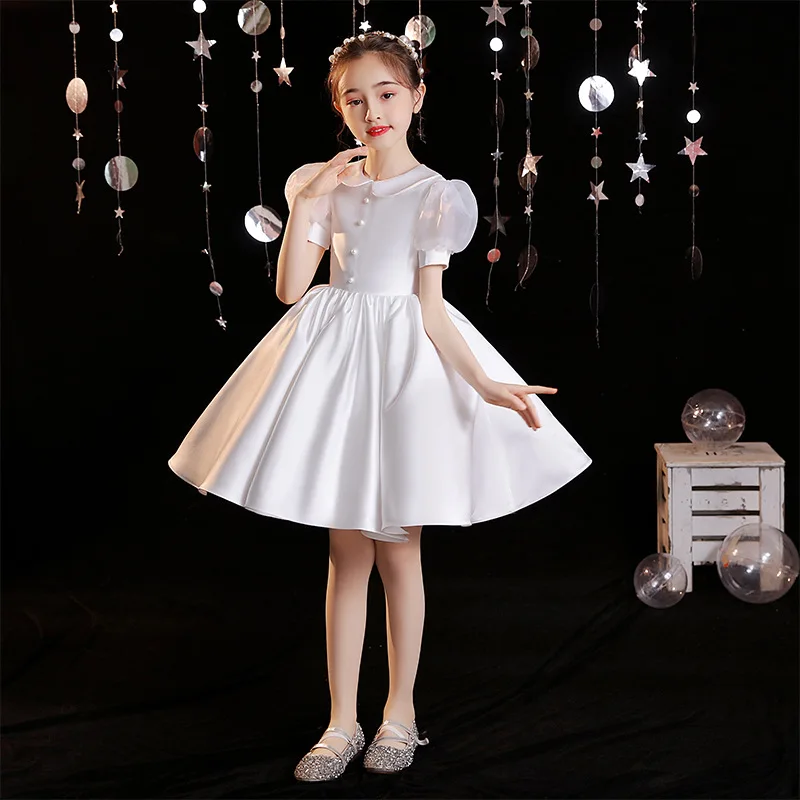 

Kids Graduation Dress Flower Girls Evening Dresses Children Bridesmaids White Ball Gown Teenagers Piano Performance Vestidos