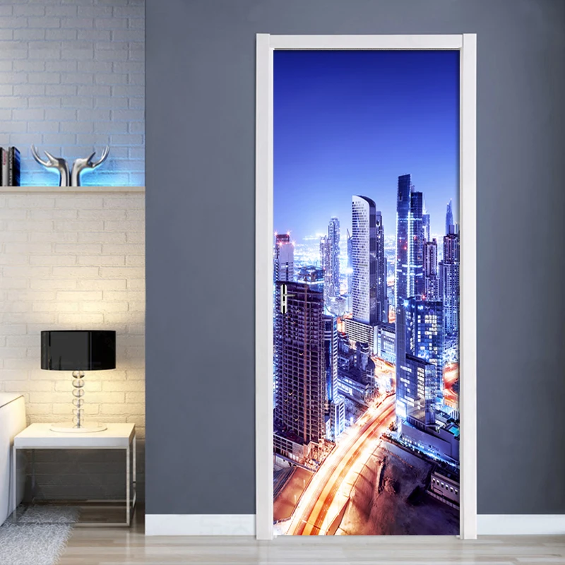 Beautiful City Night View Door Stickers European Style Wall Sticker For Bedroom Living Room landscape Waterproof Decals 3D Mural