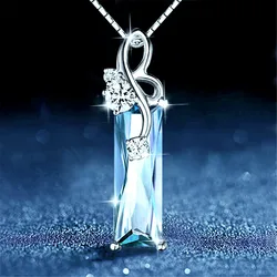 Aquamarine gemstones diamond pendant necklaces women white gold silver color choker chain argent jewelry bague bijoux crysal