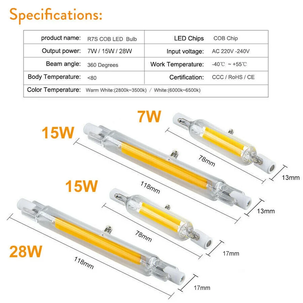 Dimmable R7S COB LED Floodlight Bulb Glass Tube Ceramic Base 78mm 118mm Cold Warm Neutral White J-Type 110V 220V Lamps