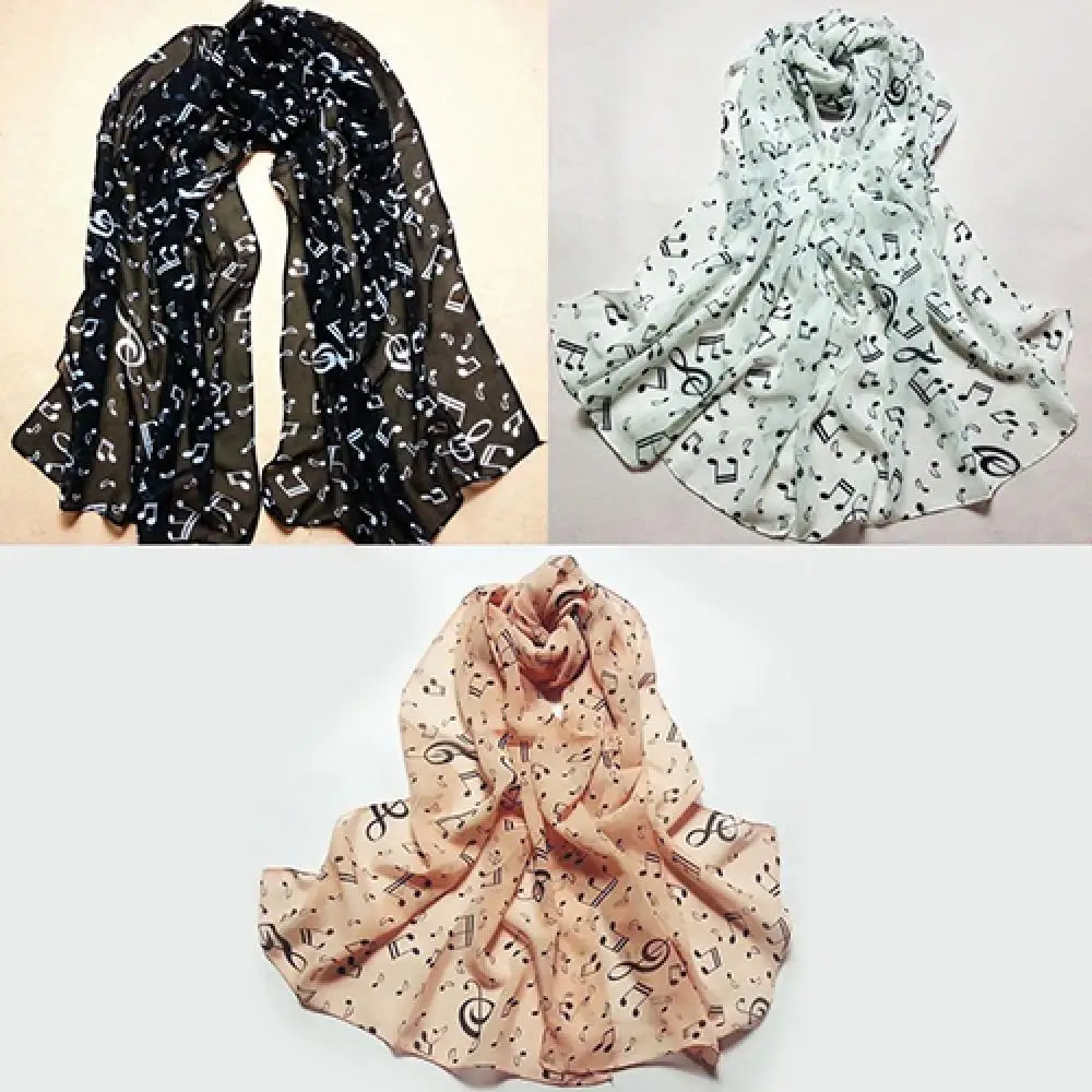 Soft Women Shawl 2021 Autumn Winter Wrap Korean Style Music Note Printed Shawls Chiffon Silk Long Scarf Female Neckerchief