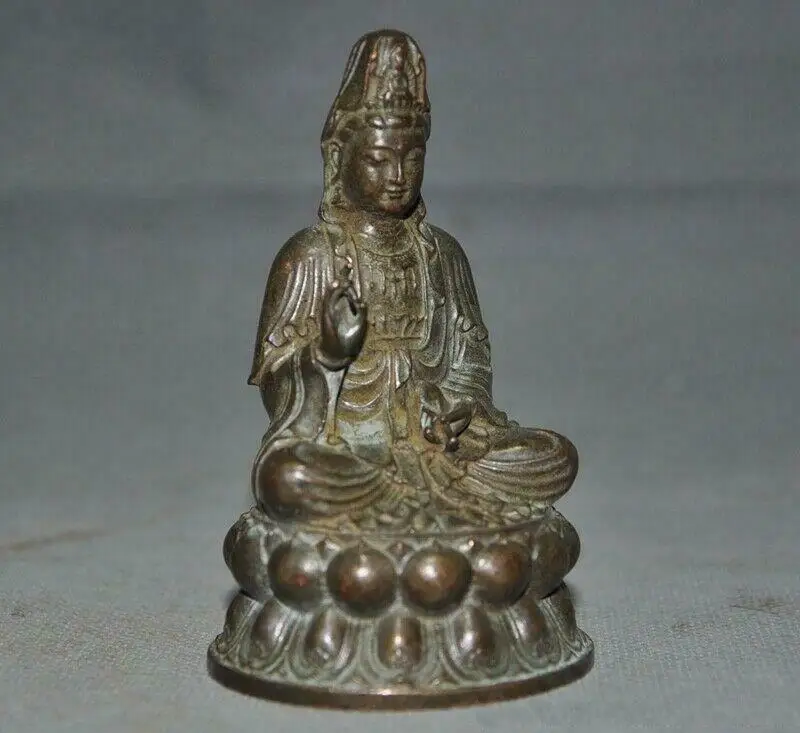 Old Chinese Buddhism Bronze Kwan-Yin Guanyin Bodhisattva Goddess Buddha Statue Antiquity Religious Artwork Collectible