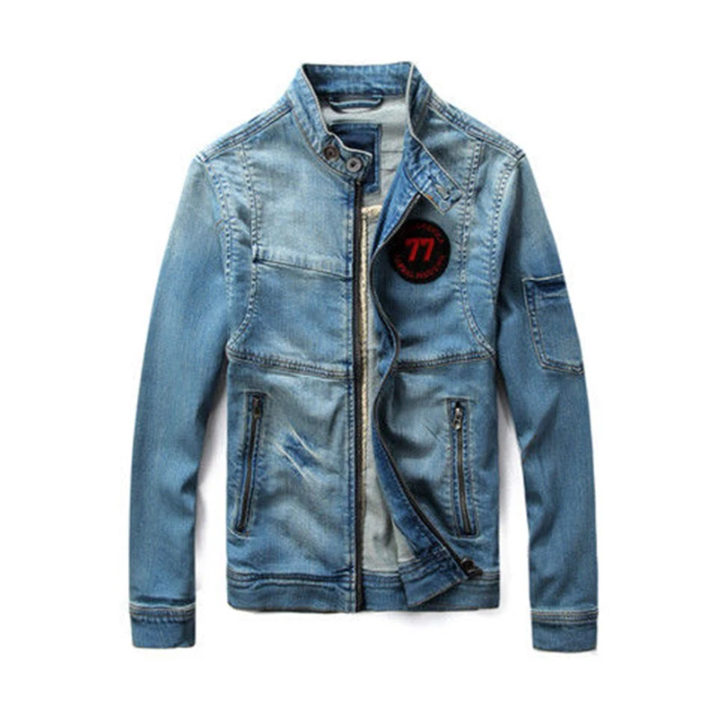 Idopy New Men`s Jean Jacket Motorcycle Vintage Stand Collar Slim Fit Zipper Up Biker Jean Trucker Denim Jacket For Male