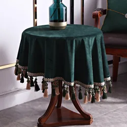 Retro Green Velvet Round Tablecloth Tassels for Party, Kitchen Fabric Table Cover, Solid Color Coffee Dining Table Decor, Europe