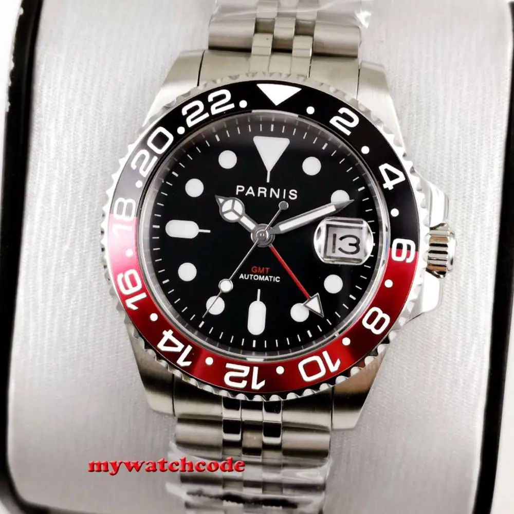 40mm PARNIS Brand Luxury Mens Watches GMT Automatic Black Watch Men Stainless Steel Business Sport Mechanical Wristwatch