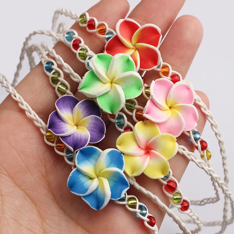 6pcs Mixed Colorful Plumeria Flower Clay Friendship Handmade Braided Cord Bracelets Surf Beautiful Jewellry