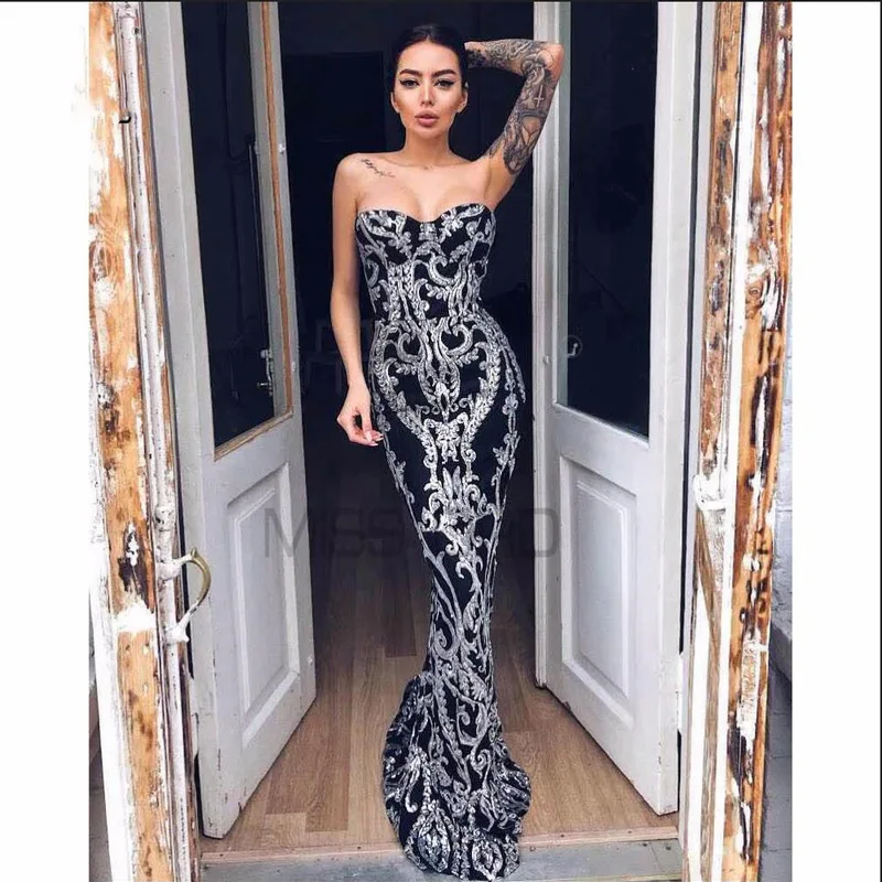 

2024 Sexy Retro Geometry Strapless Stretch Sequin Dress Mermaid Floor Length Lining Bodycon Gold Backless Silver Party Dress