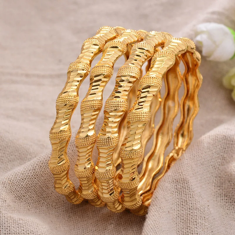 

ANNAYOYO 4Pcs/lot 24K Bamboo knot Fashion Dubai Gold Color Bangles For Women African Bride Bracelet Jewelry Gifts