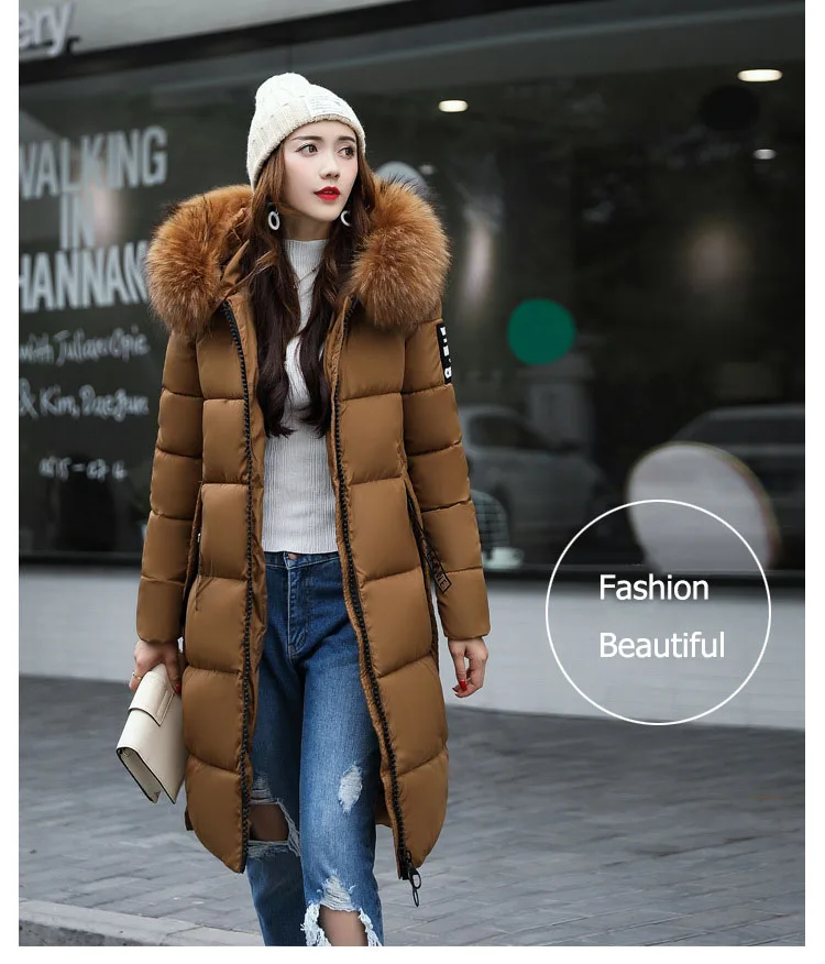 2025 Women's Down Parkas Winter Jacket Big Fur Collar Thick Slim Coat Fashion Hooded Cotton Outerwear Long Winter Woman Coat