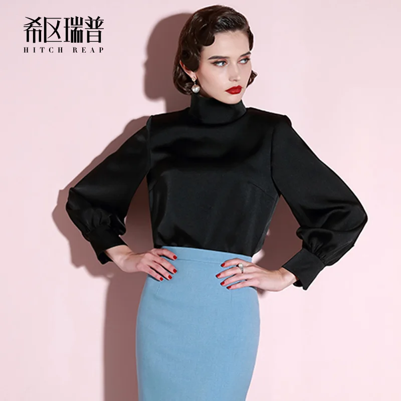 High End Satin Lantern Sleeve High Collar Shirt Career Top Spring And Autumn Black And White Ol Shirt