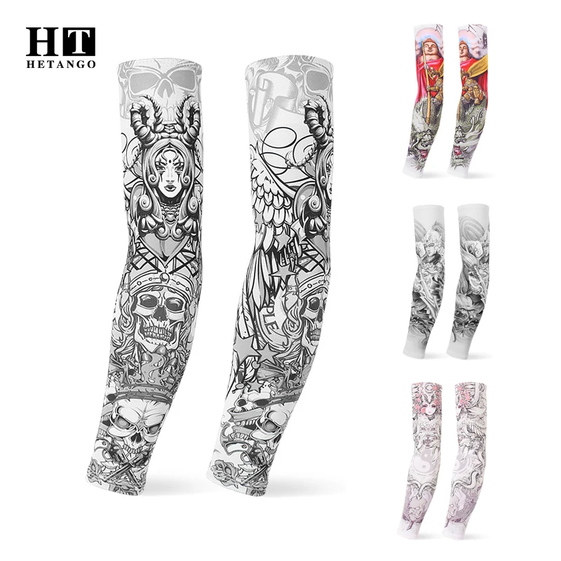 Conjunto de 2 piezas de manga de brazo con estampado de tatuaje, calentadores de compresión para baloncesto, protección solar, a la moda, Unisex