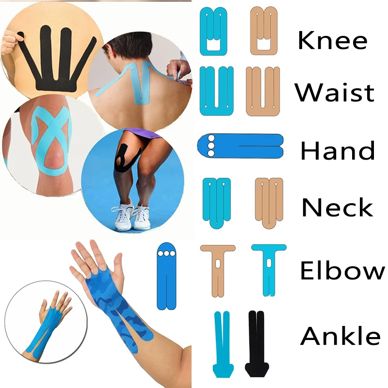 12 sztuk pre-cut taśma kinezjologiczna taśmy sportowe kolano łokieć szyi talia ręka kostki Protector bandaż mięśni zmniejszyć ból/zapalenie
