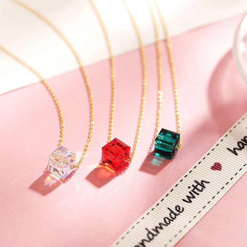 Premium Crystals From Austria Green Cube Beads Necklaces Pendant Gold Color Chain Jewelry For Women Chic Birthday Jewelry