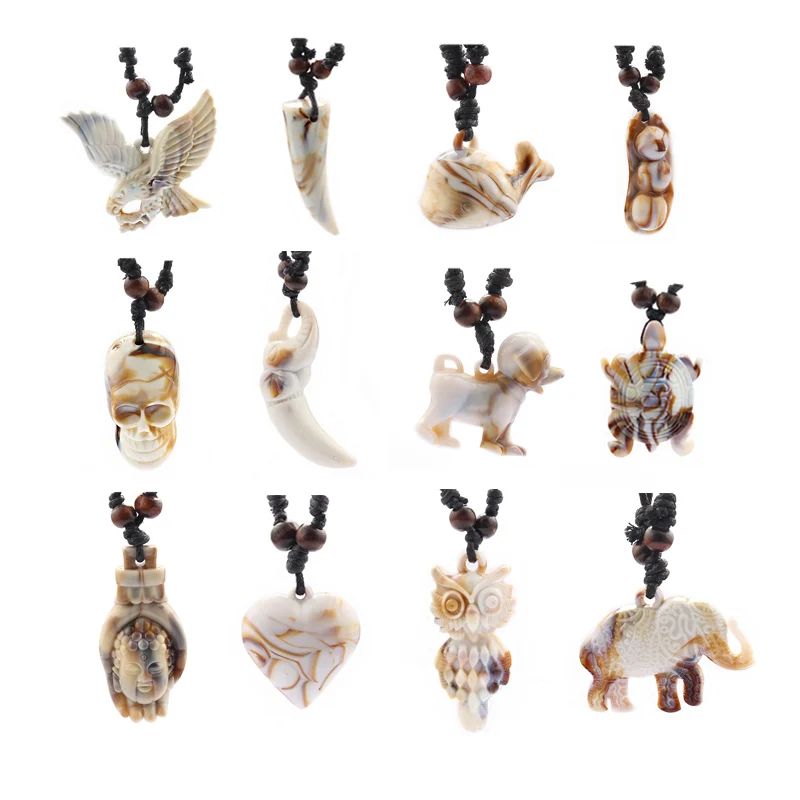 1pcs Charms Elephant Eagle Owl Turtle Skull Whale Tooth Heart Dog Pendant Wax Cord Resin Necklace Jewelry Adjustable