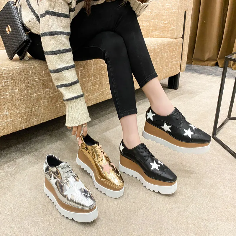 

C347 Lady Platform Shoes Genuine Leather Wedge Square Toe Women Shoes Height Increasing Brand Pop Star Shoes Women Size 34-41