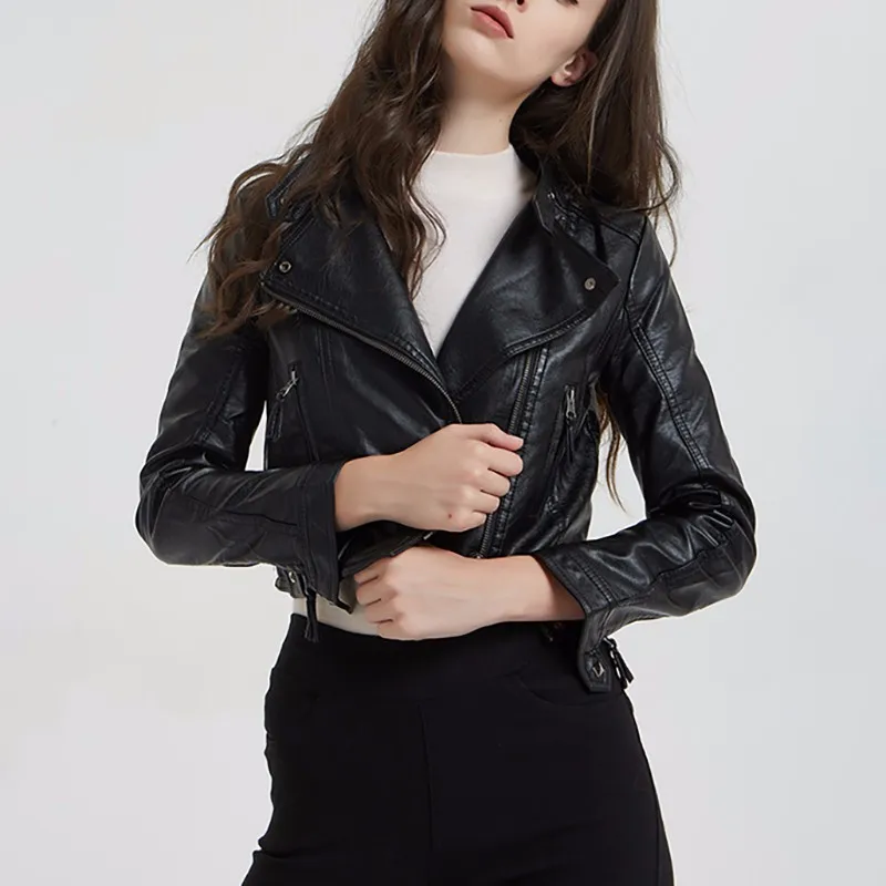 Yzeqi Street Style Women Short Motorcycle Pu Leather Jacket Autumn Fashion Lady Faux Soft Leather Coat Black Zipper Outerwear