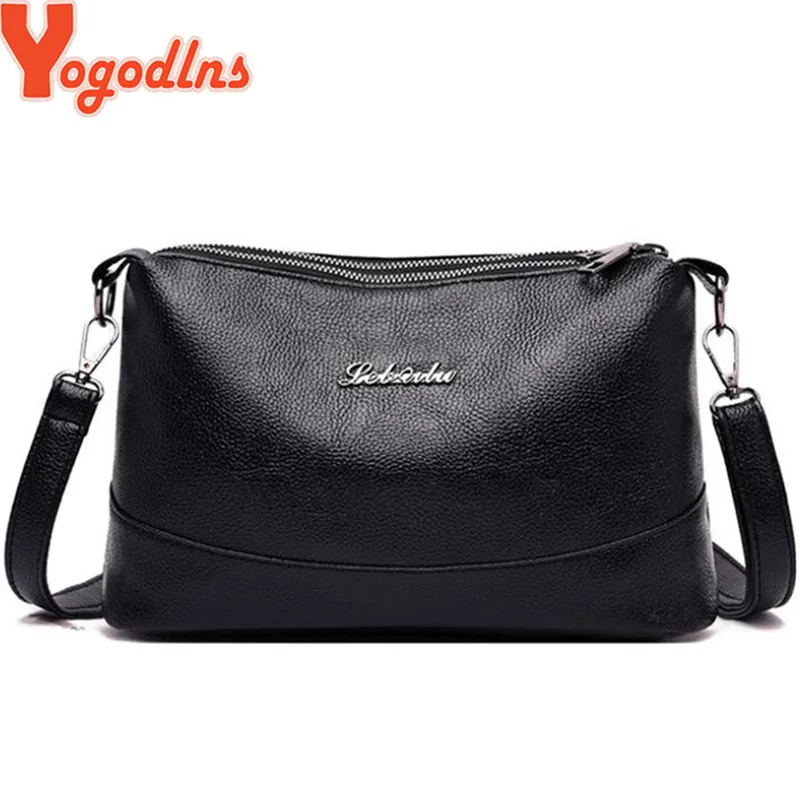 Yogodlns Double Pockets Sling Bags Soft PU Leather Women Crossbody Bag with Two Strap Shoulder Female Messenger Bags Black