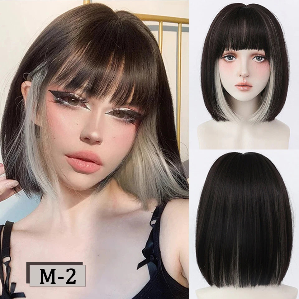 My-Diva Short Bob Wig With Bangs Synthetic Wigs For Women Ombre Black Lolita Cosplay Party Natural Hair Lisa Same Style