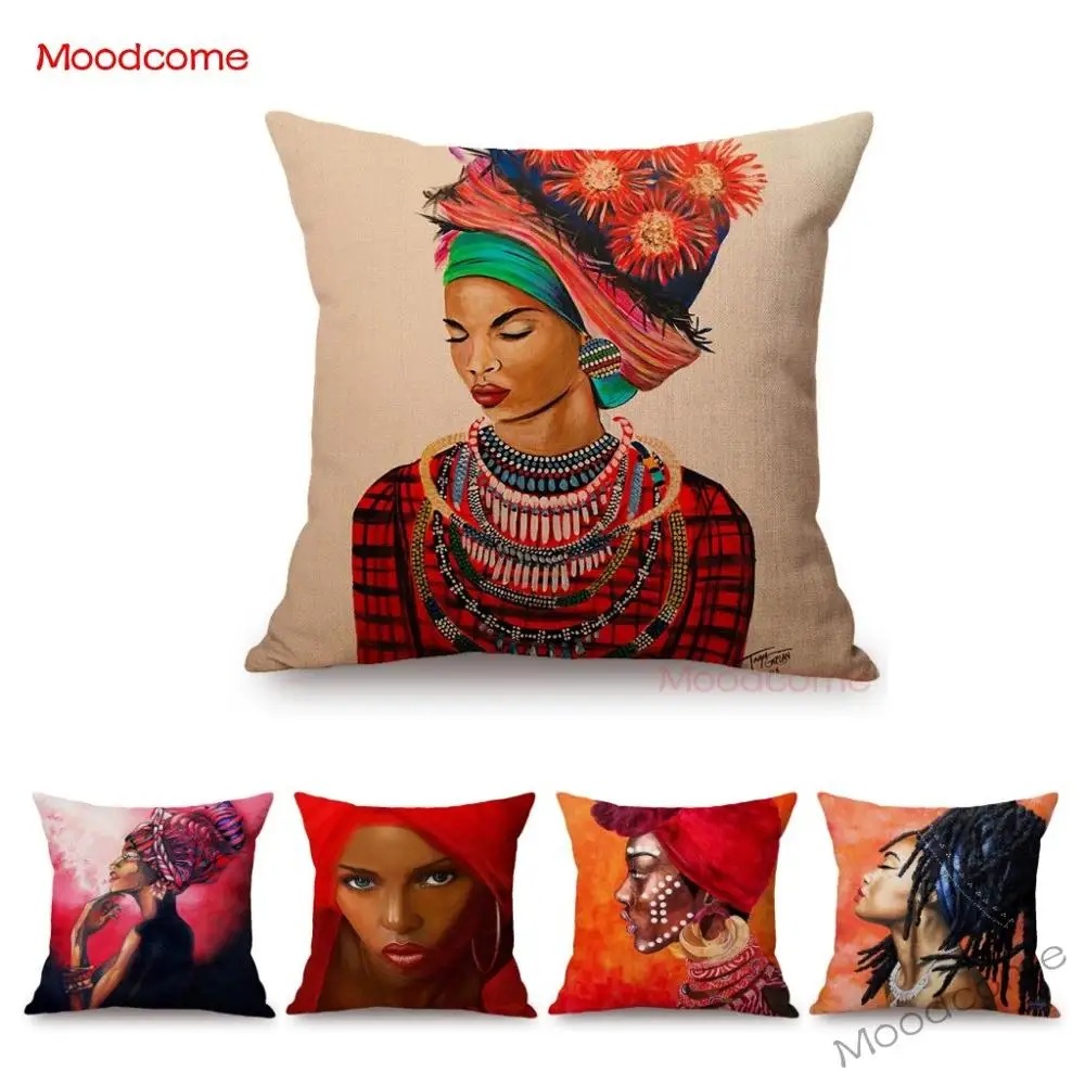 Fashion African Woman Black Lady Portrait Art Oil Painting Sofa Pillow Cover Home Decoration Africa Cotton Linen Cushion Cover